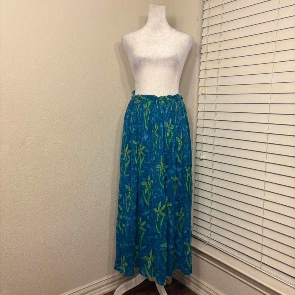 Blue green tropical hawaiian 90s adjustable tie 100% cotton skirt free size